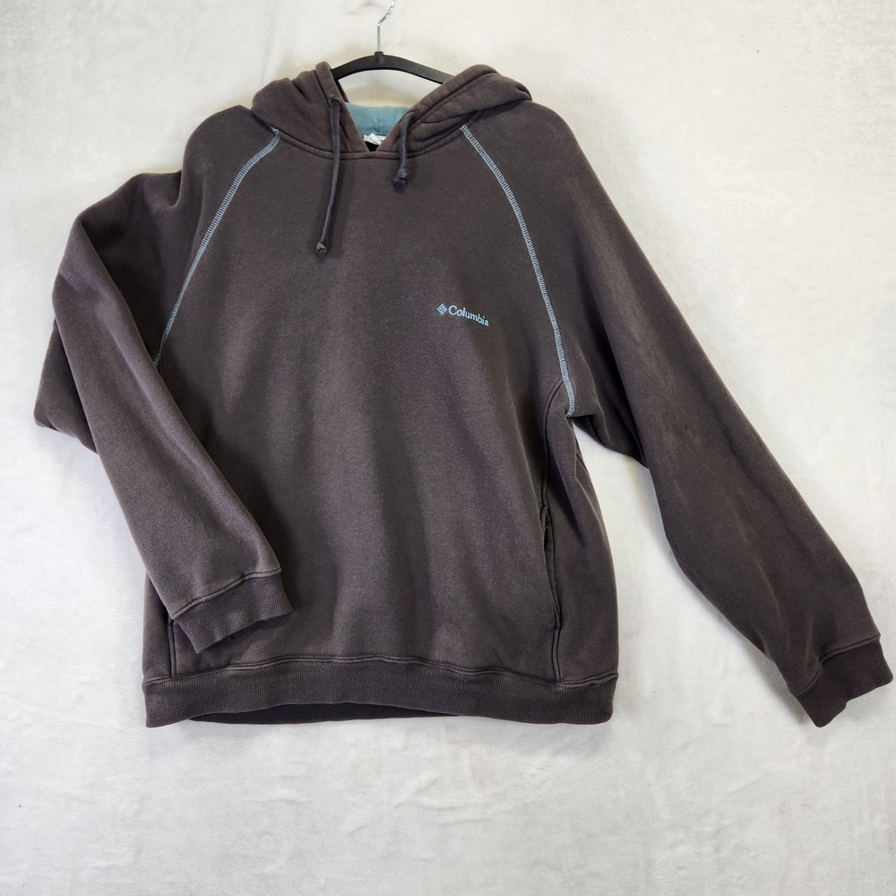 Columbia Mens Hoodie Medium Brown Blue Contrast Stitch Raglan Pullover Logo